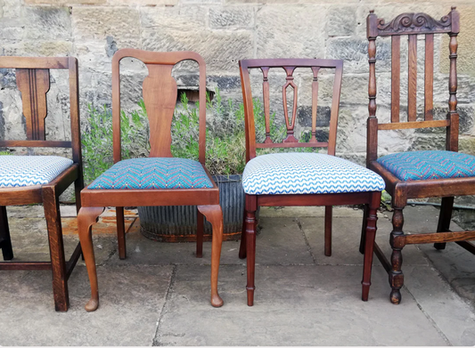 Mismatched dining chairs available for painting and reupholstery