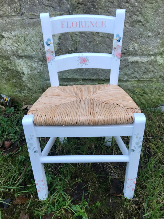 Rush seat personalised children's chair -  Beatrix Potter Jemima Puddleduck - made to order