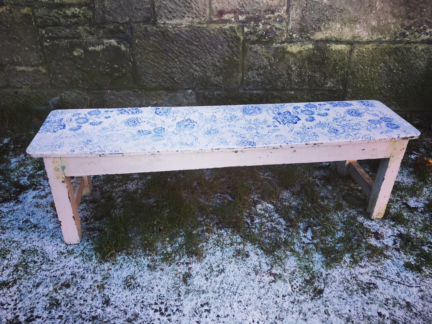 Beautiful antique teak 1920's original painted bench in white original paintwork