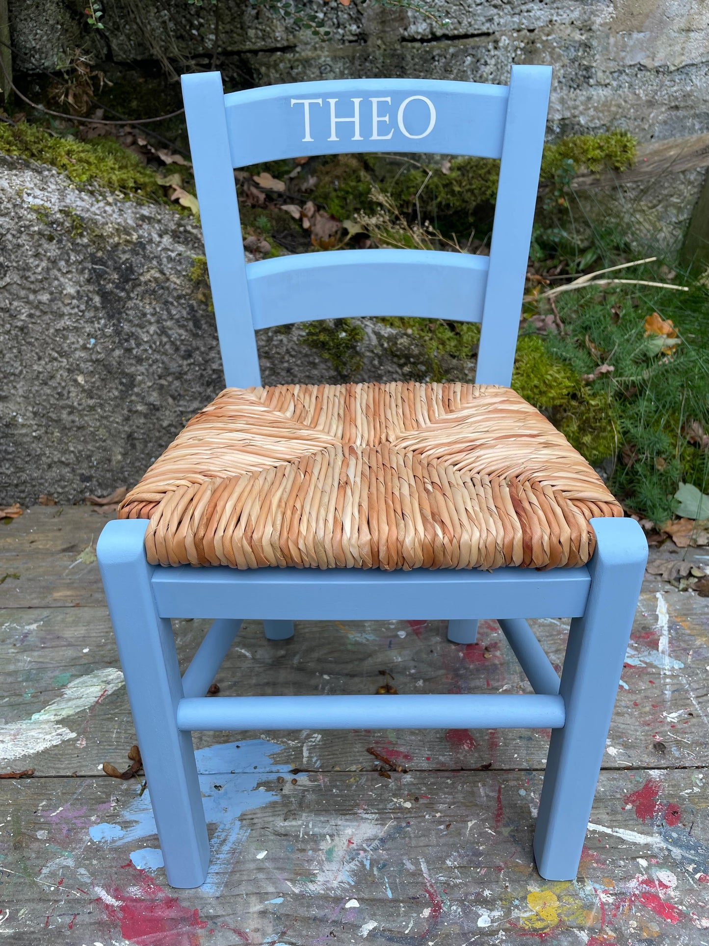 Children's personalised hand painted wooden school chair with your child's initials or name and date of birth - painted to order