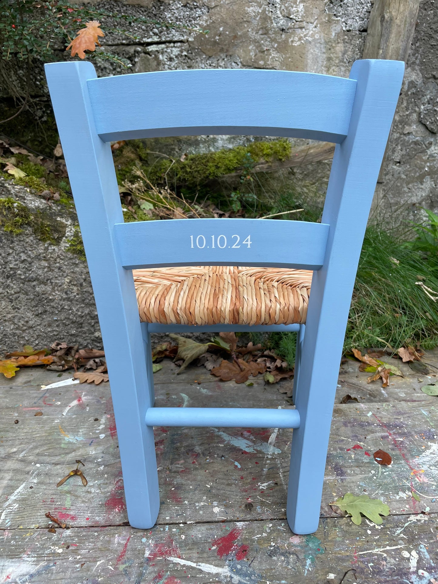 Children's personalised hand painted wooden school chair with your child's initials or name and date of birth - painted to order