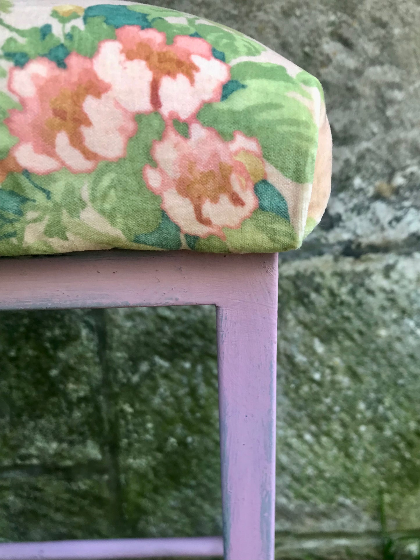 Vintage metal stool with tropical velvet seat pad