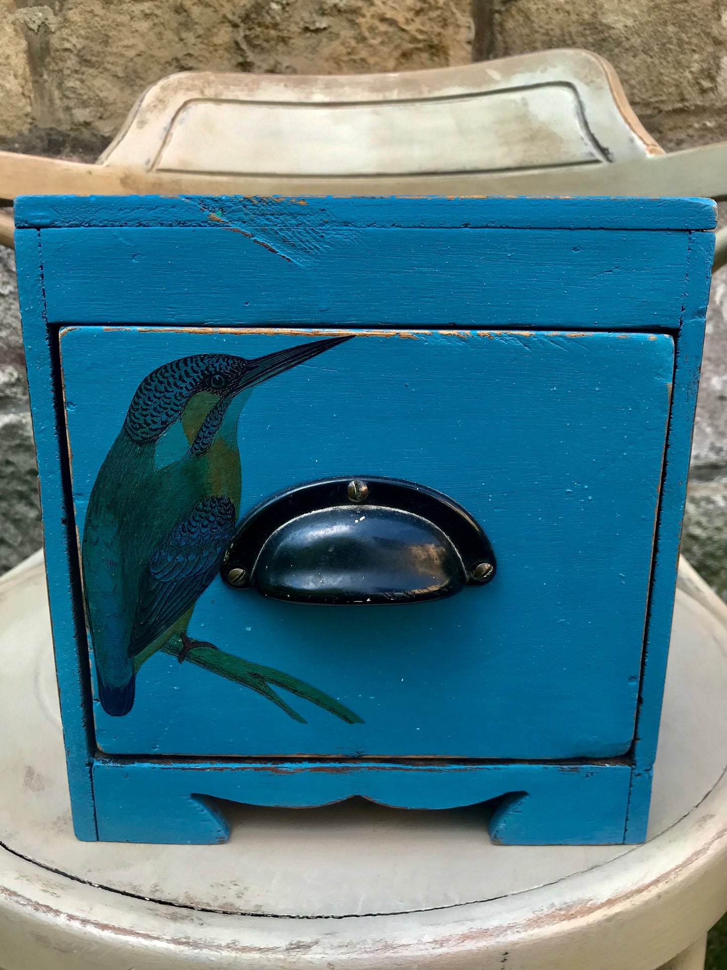 Vintage wooden storage box with kingfisher design