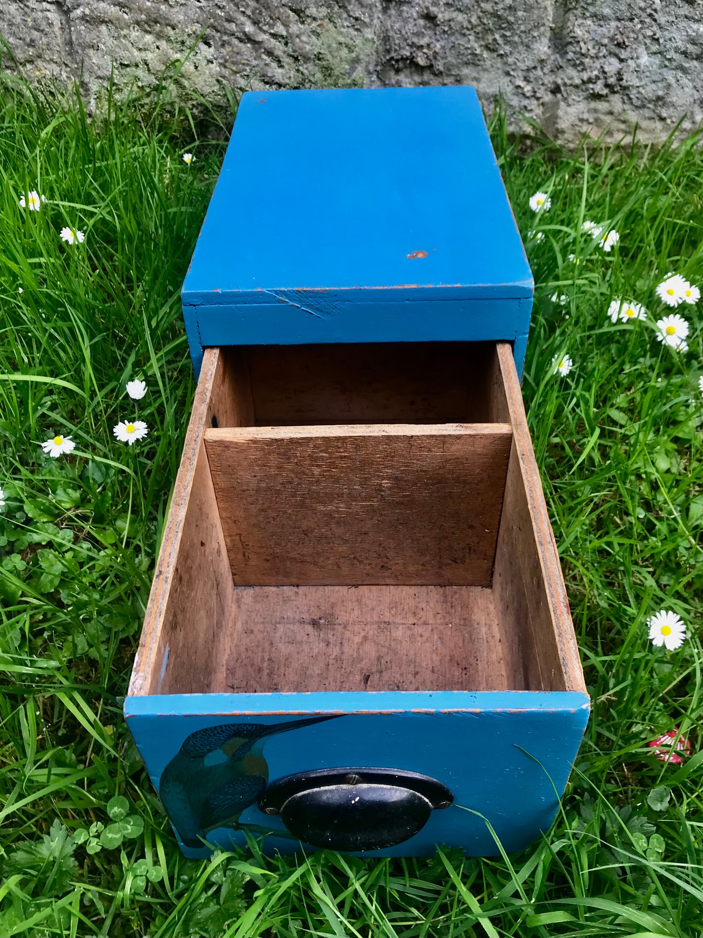 Vintage wooden storage box with kingfisher design
