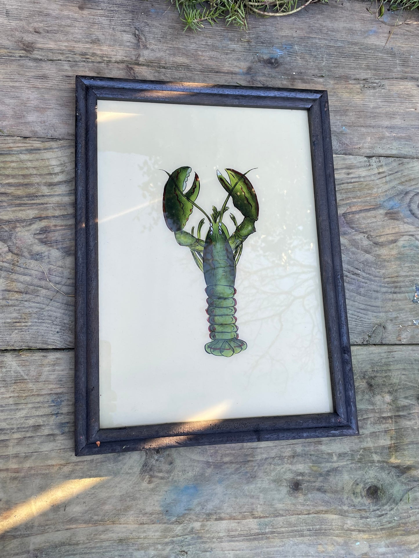 Large Vintage glass painting of a lobster in a beautiful original frame