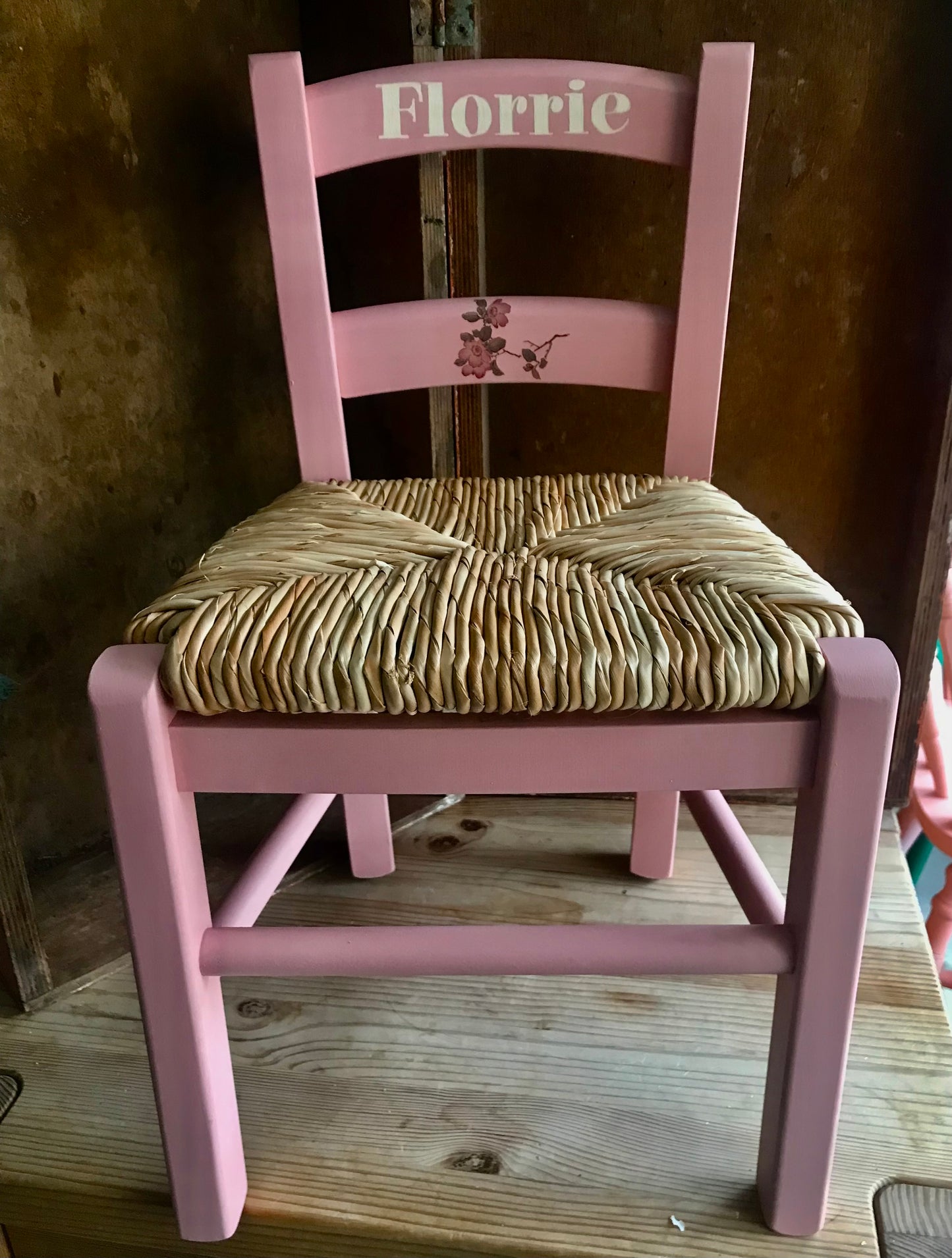 Rush seat personalised children's chair - Flower elements theme - made to order
