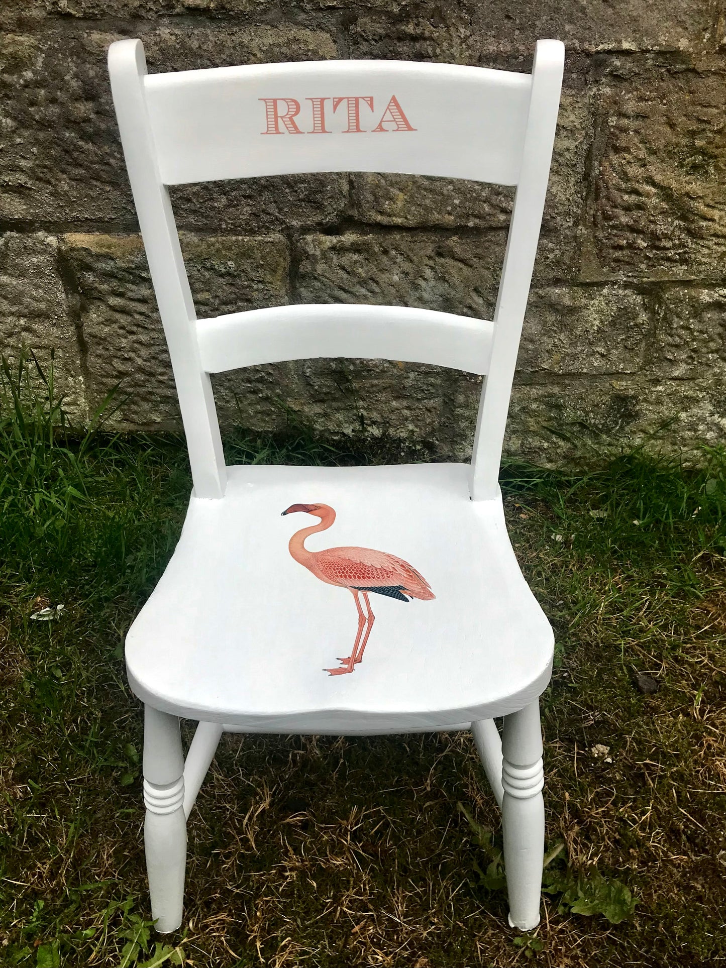 Children's personalised upcycled wooden nursery school chair with vintage flamingo theme and your child's name