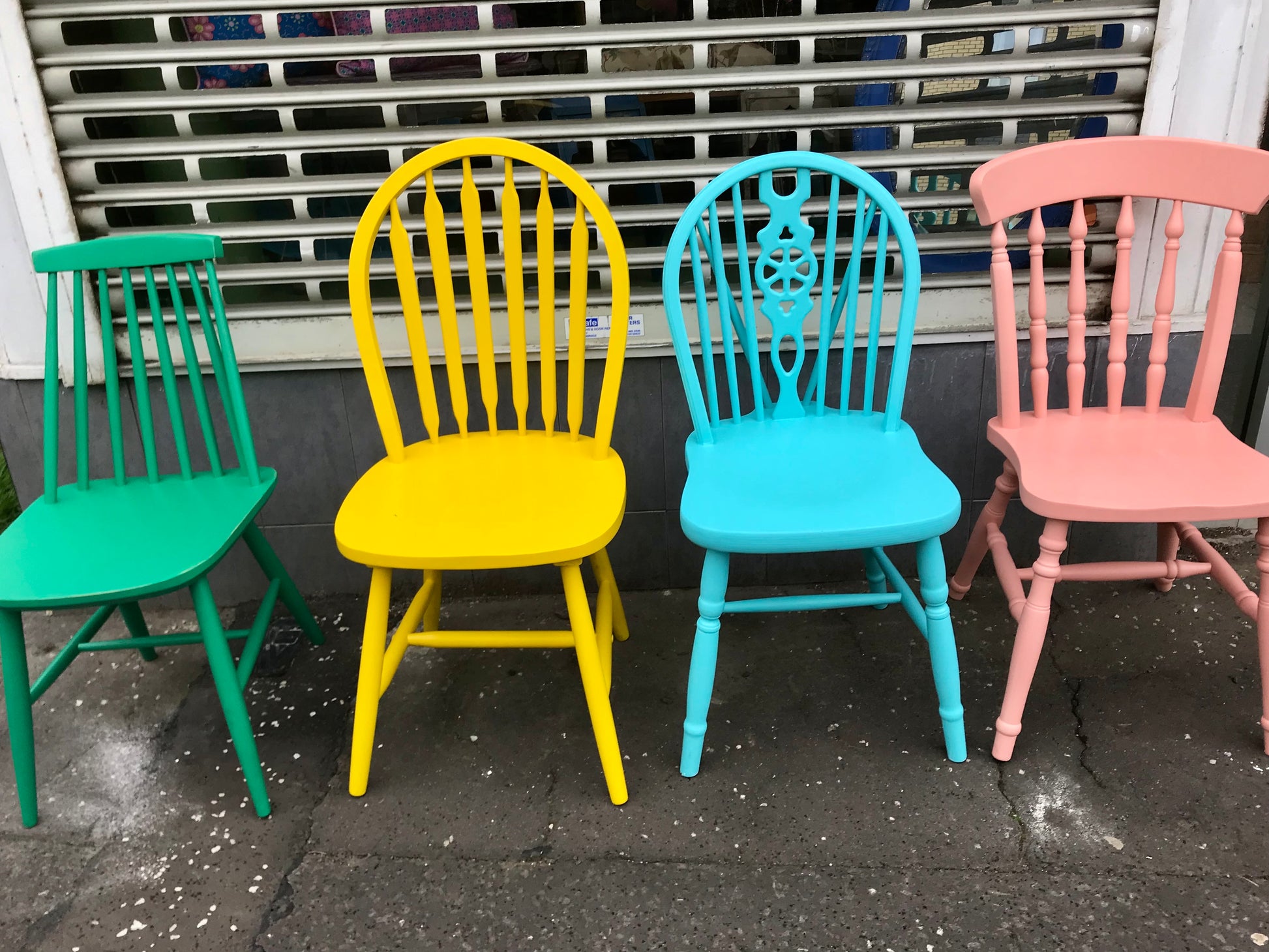Brights Handpainted Mismatch vintage dining chairs in vivid colours