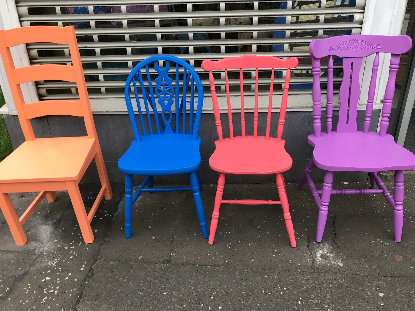 Brights Handpainted Mismatch vintage dining chairs in vivid colours