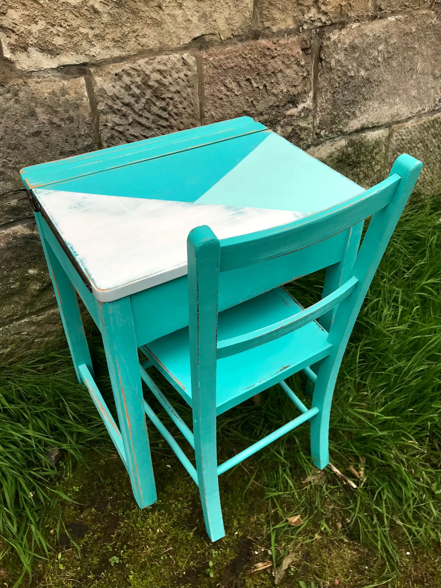 Children's painted desk in geometric blues and white - Please contact me for a shipping quote