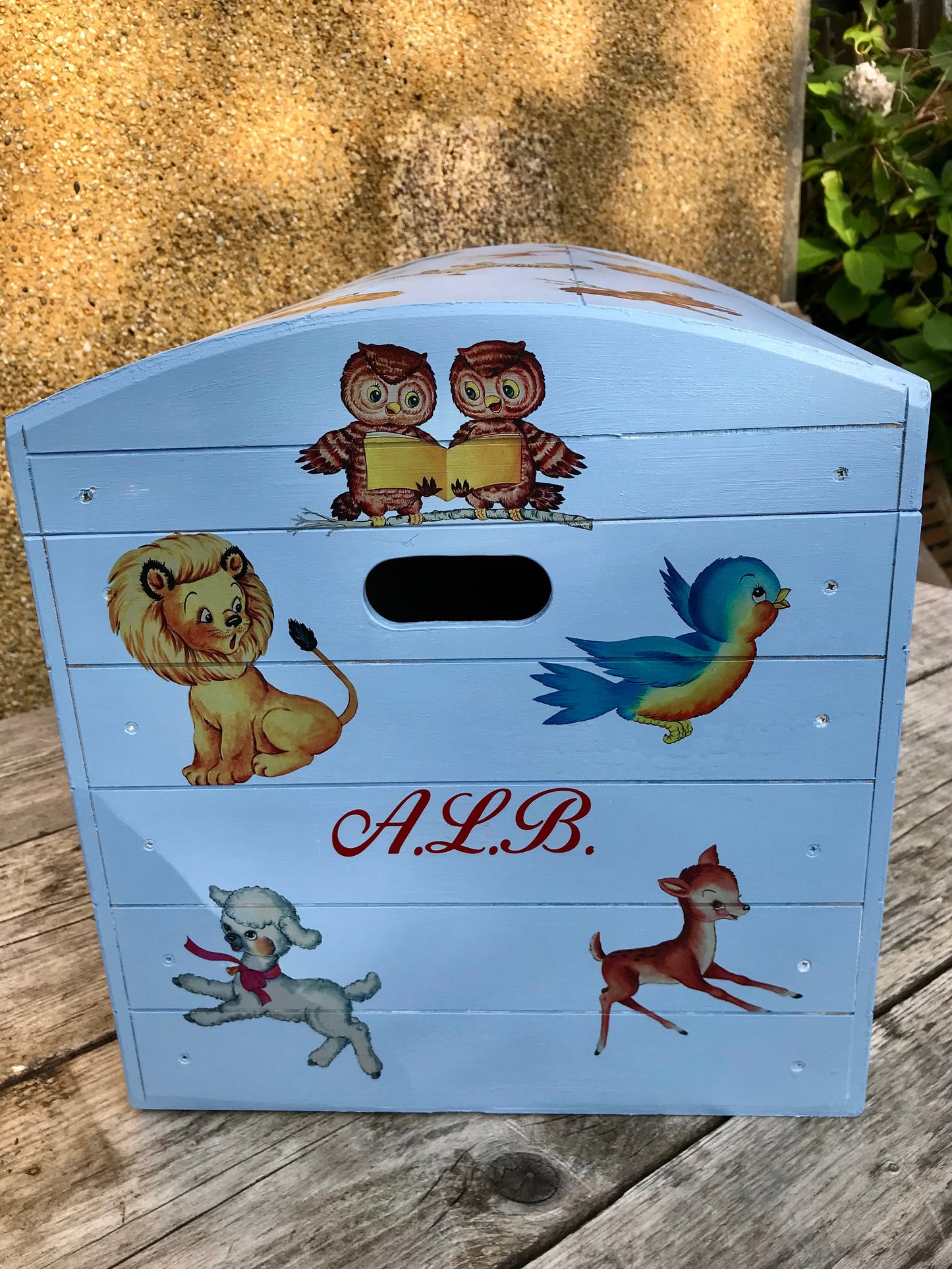 Children's personalised wooden storage chest - retro animals design