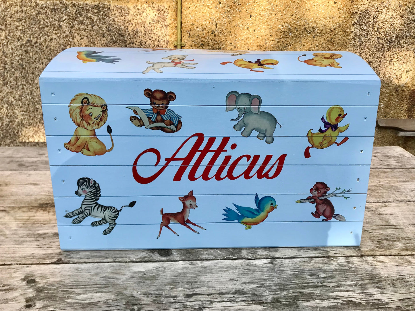 Children's personalised wooden storage chest  - retro animals design