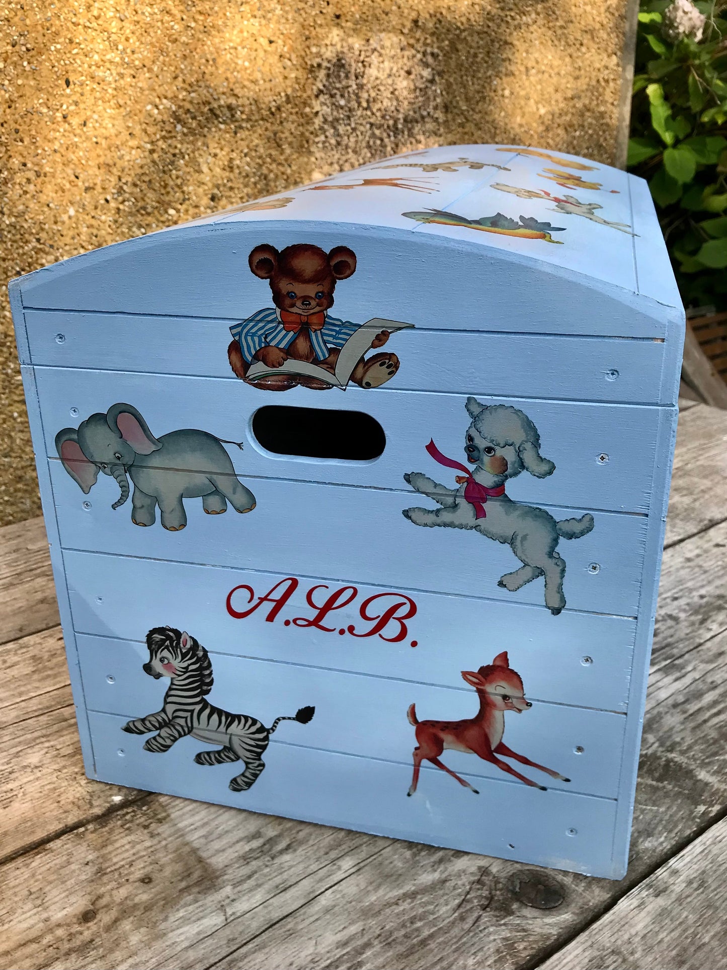 Children's personalised wooden storage chest - retro animals design