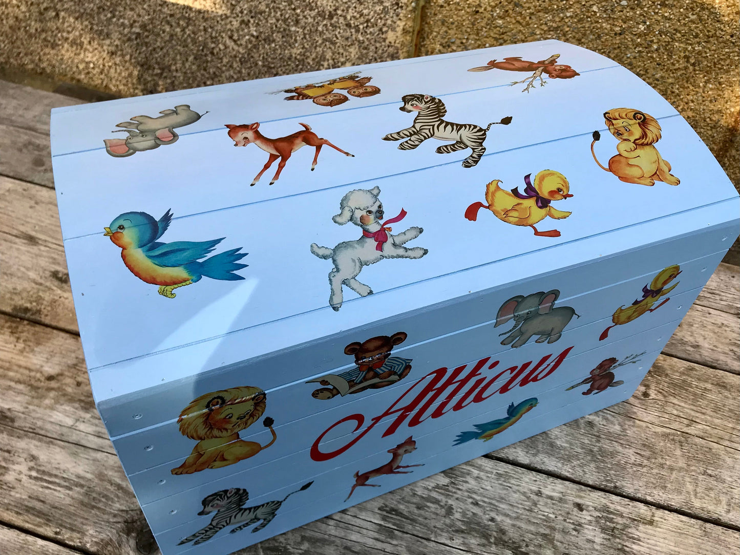 Children's personalised wooden storage chest - retro animals design