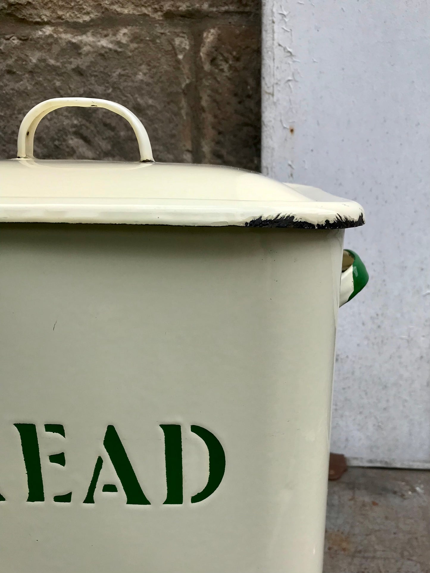 Gorgeous big vintage cream and green enamel bread bin