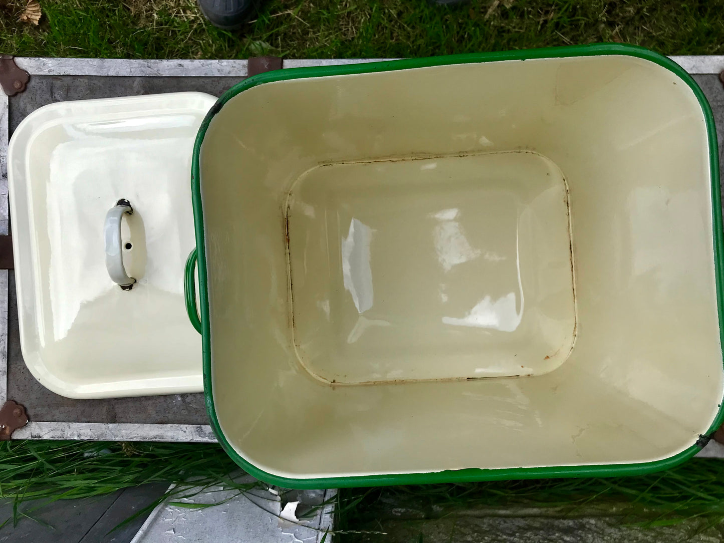 Gorgeous big vintage cream and green enamel bread bin