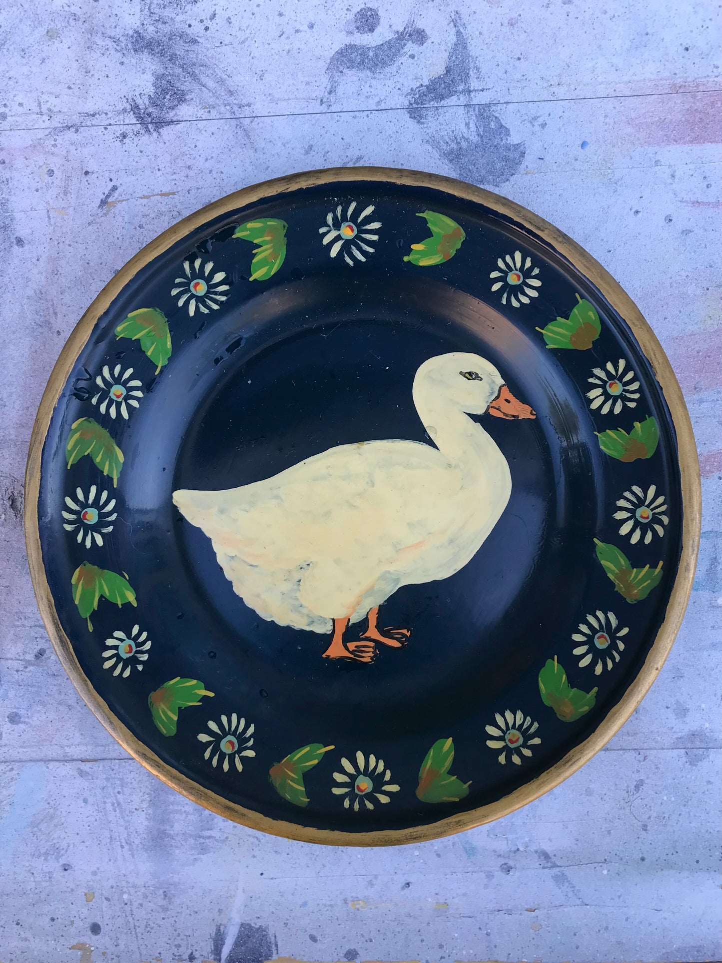 Hand painted vintage metal duck plates