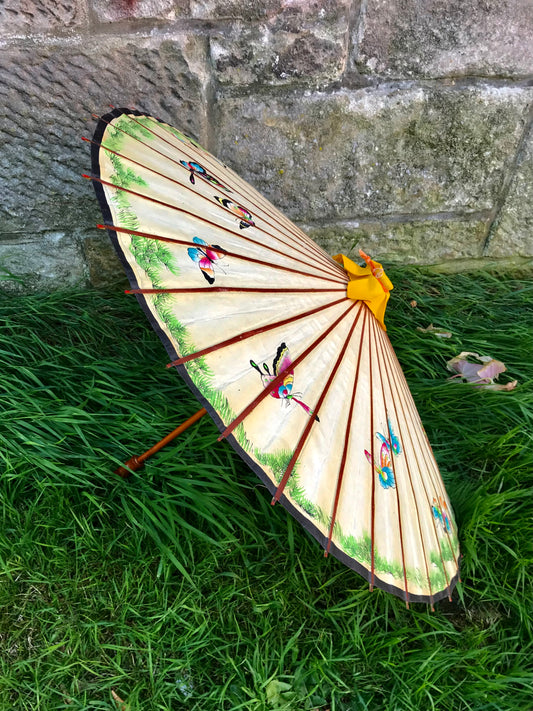 Vintage wax paper Japanese parasol covered in gorgeous butterflies 55cm long x 79cm wide when open.