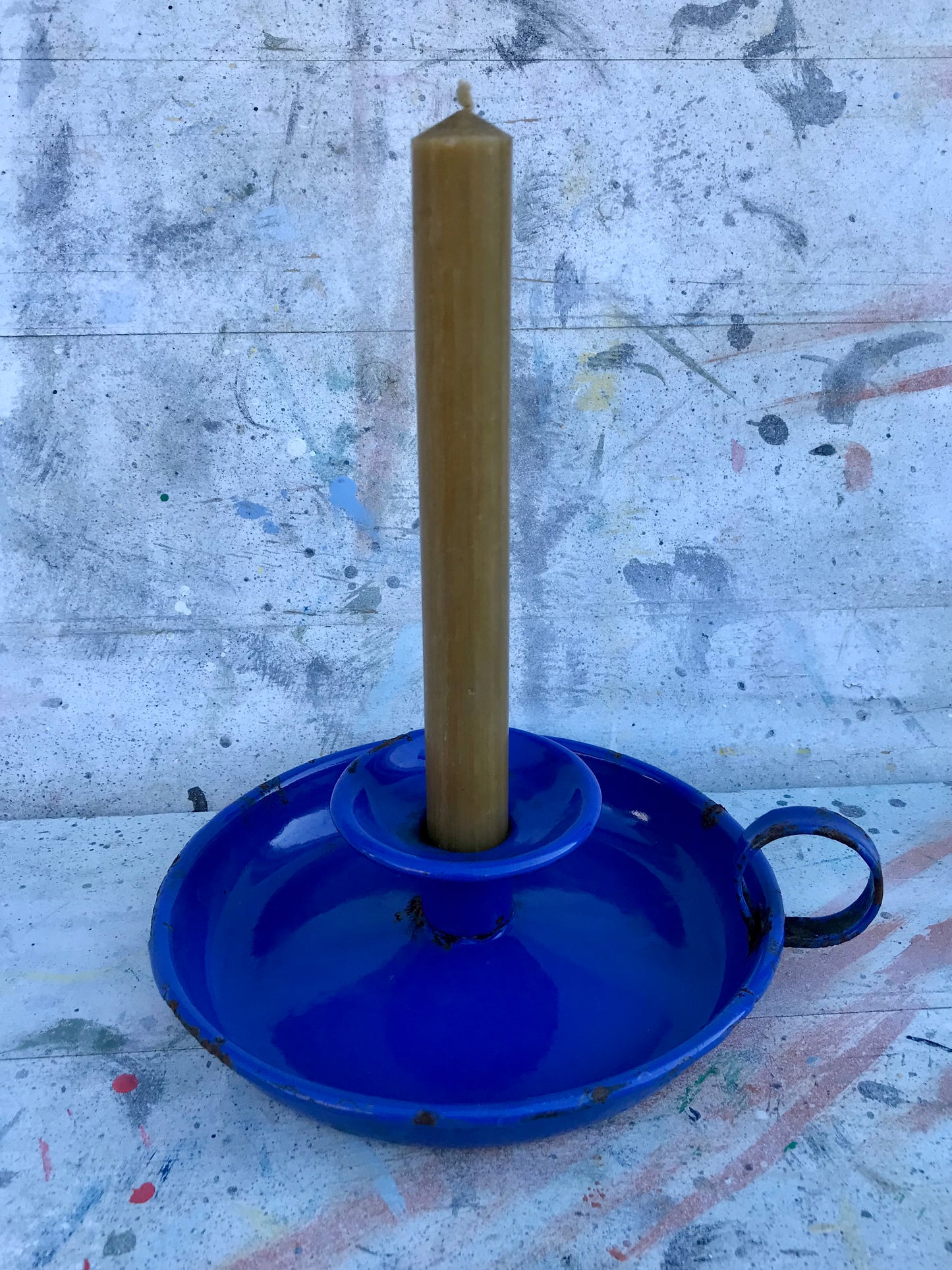 Vintage blue enamelware candle holder