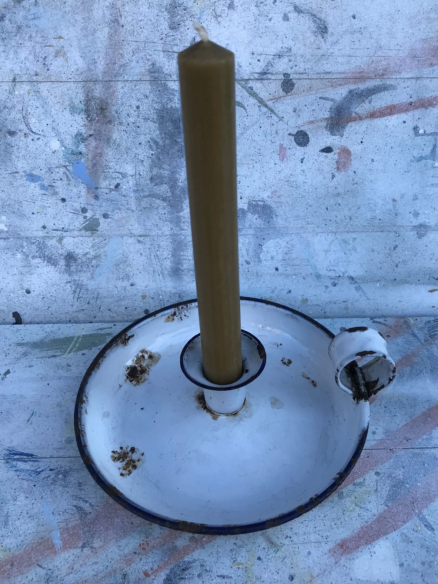 Vintage white enamelware candle holder 18cm x 6 cm