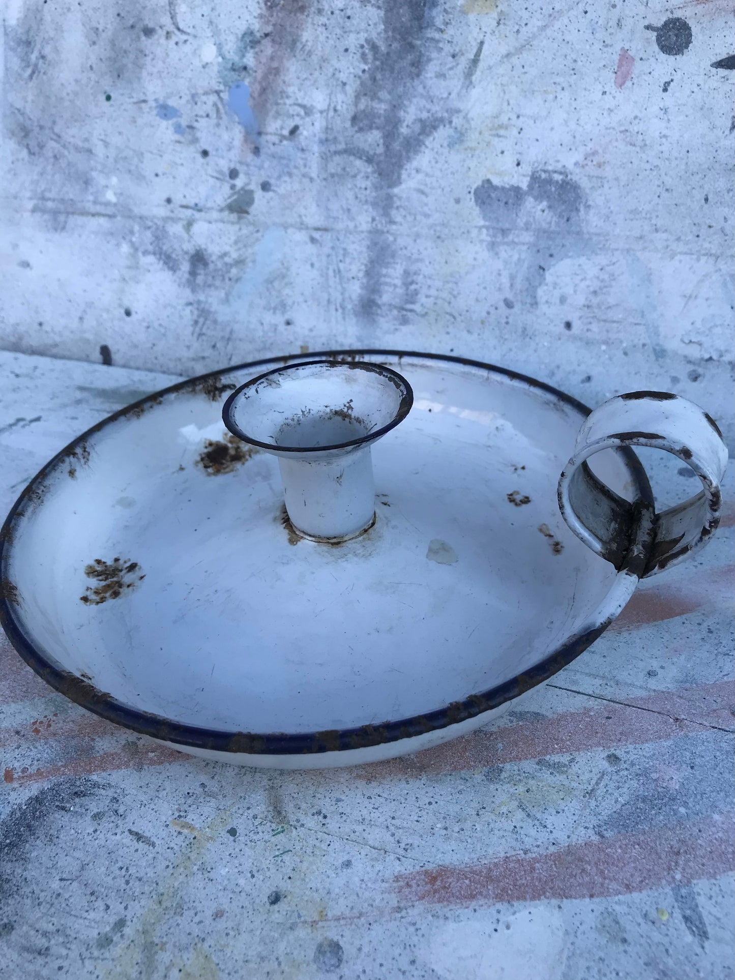 Vintage white enamelware candle holder 18cm x 6 cm
