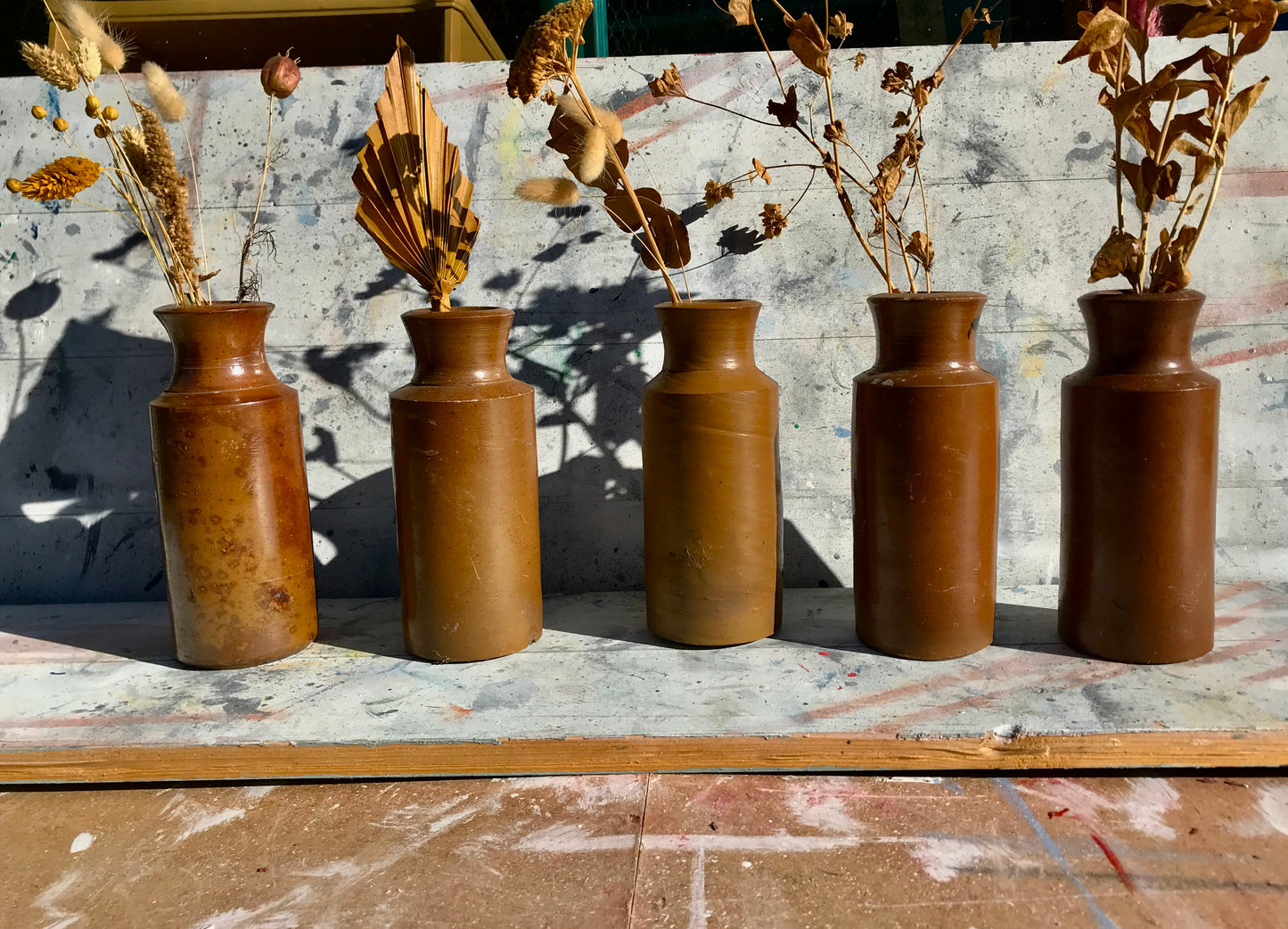 Large Vintage stoneware bud vases with dried flower stems