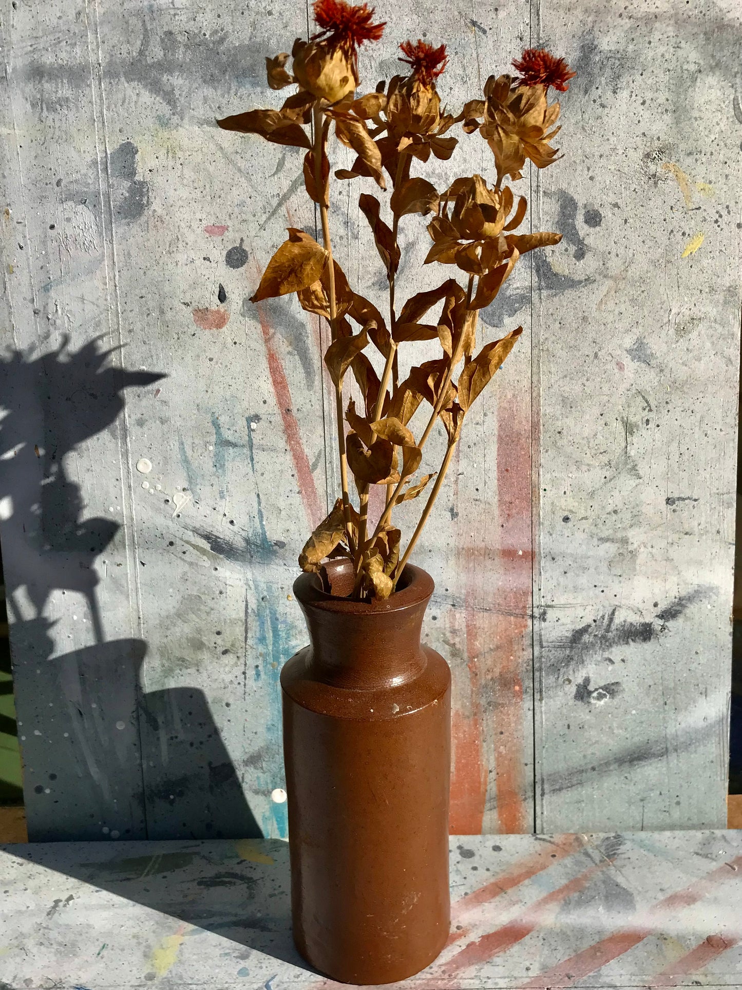 Large Vintage stoneware bud vases with dried flower stems