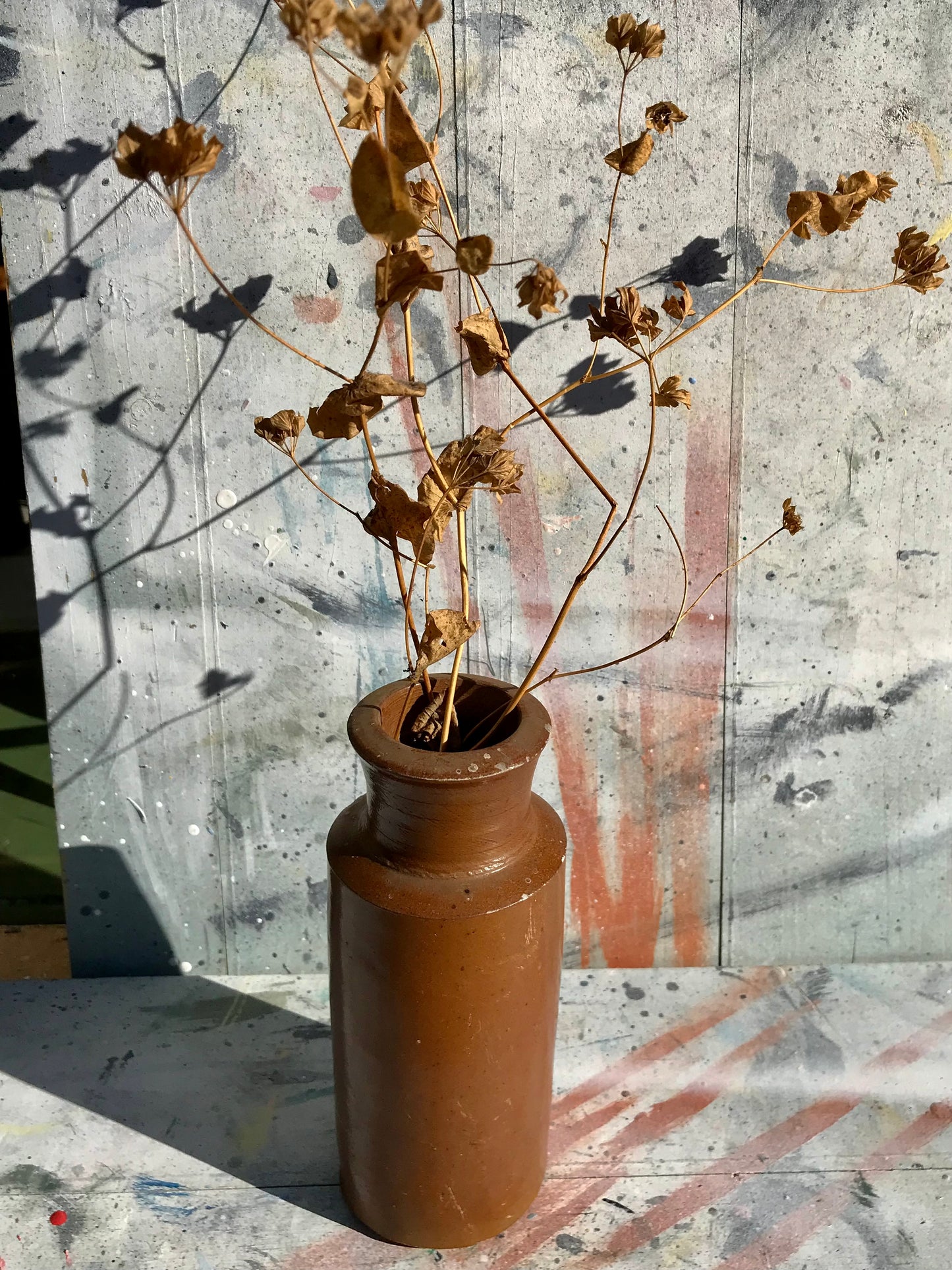 Large Vintage stoneware bud vases with dried flower stems