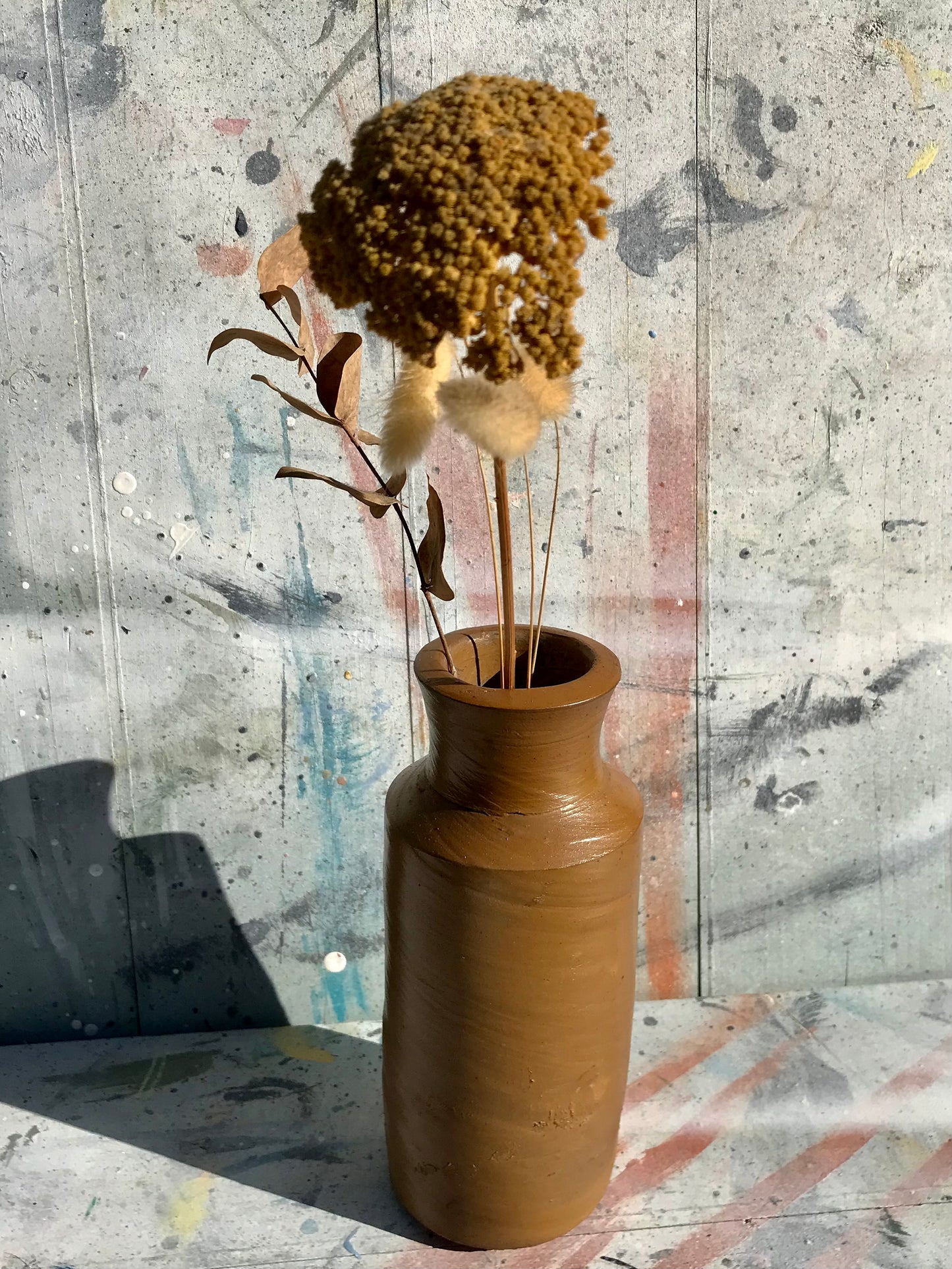 Large Vintage stoneware bud vases with dried flower stems