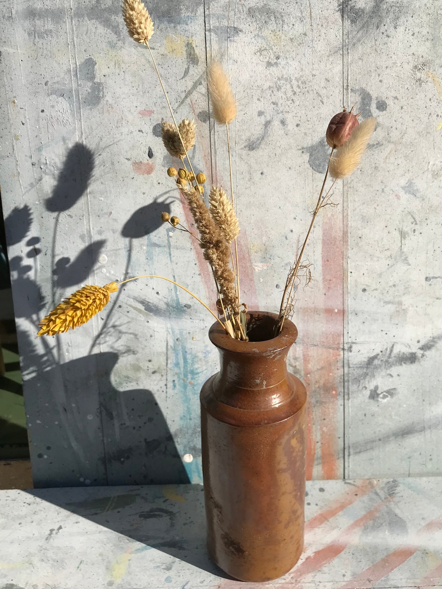 Large Vintage stoneware bud vases with dried flower stems