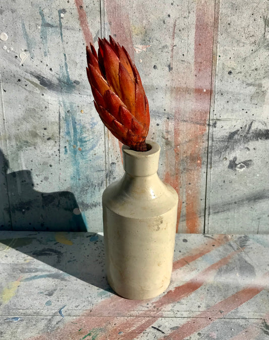 Vintage stoneware bud vase with dried seed stem