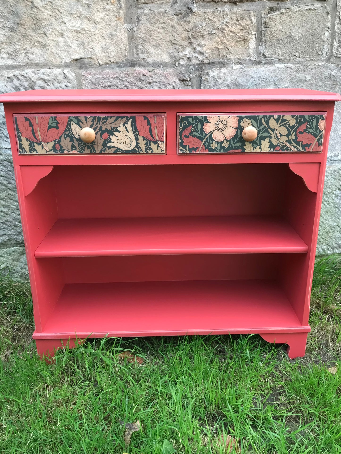 Small Bookcase in red with William morris wallpaper decoupage