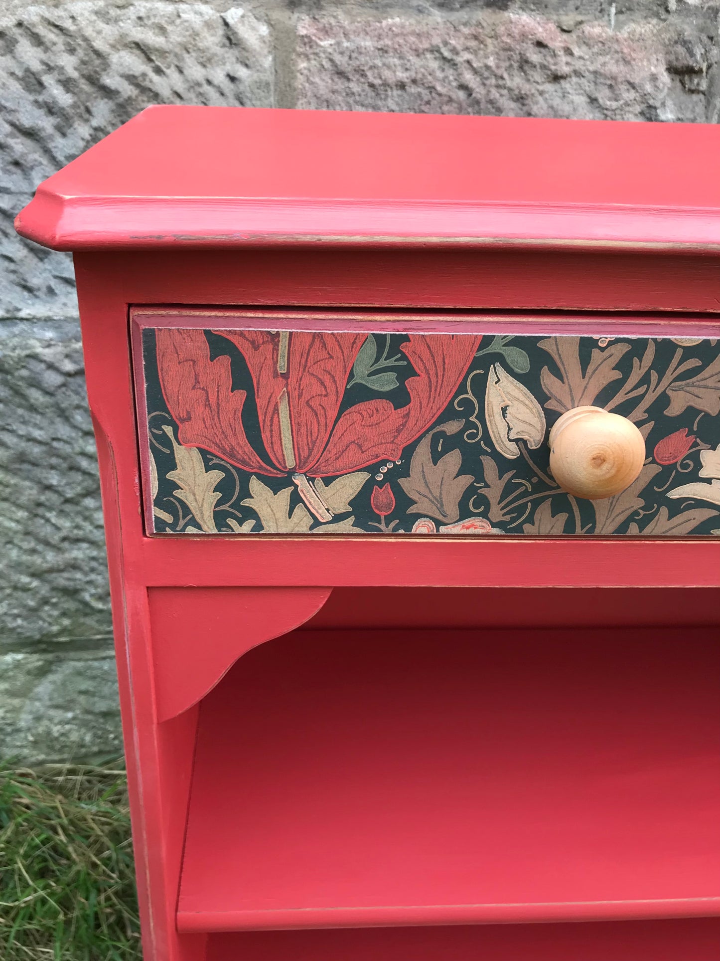 Small Bookcase in red with William morris wallpaper decoupage
