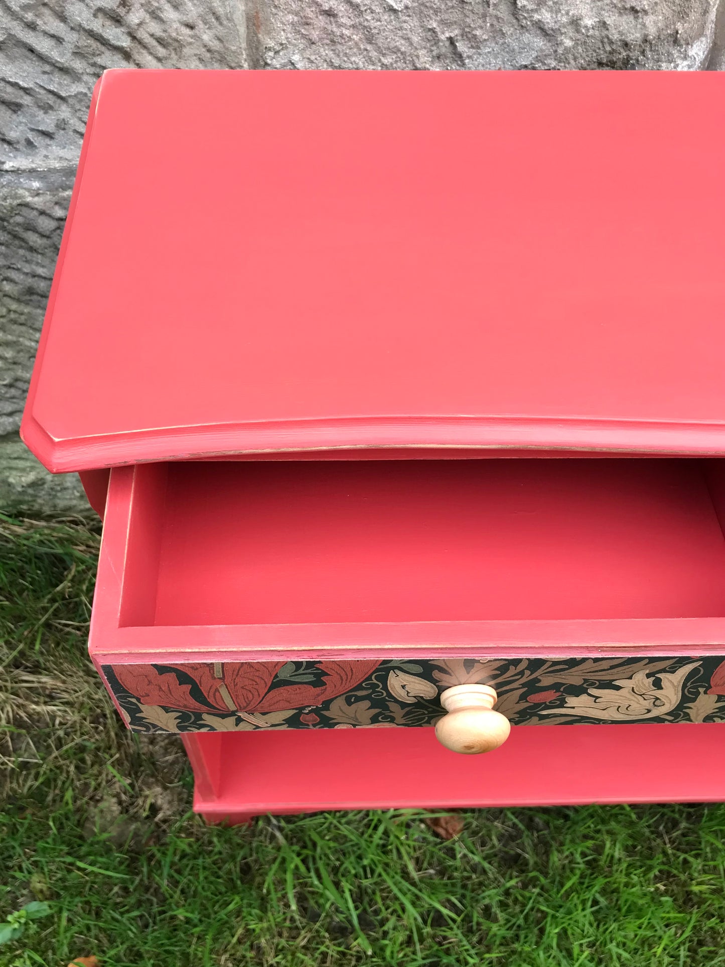 Small Bookcase in red with William morris wallpaper decoupage