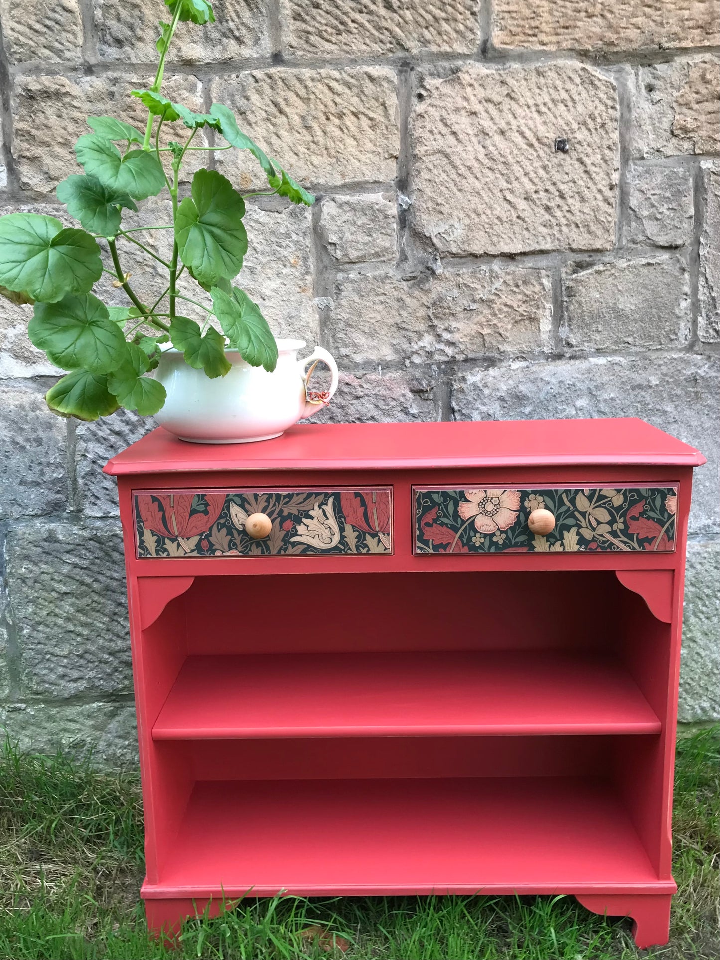 Small Bookcase in red with William morris wallpaper decoupage