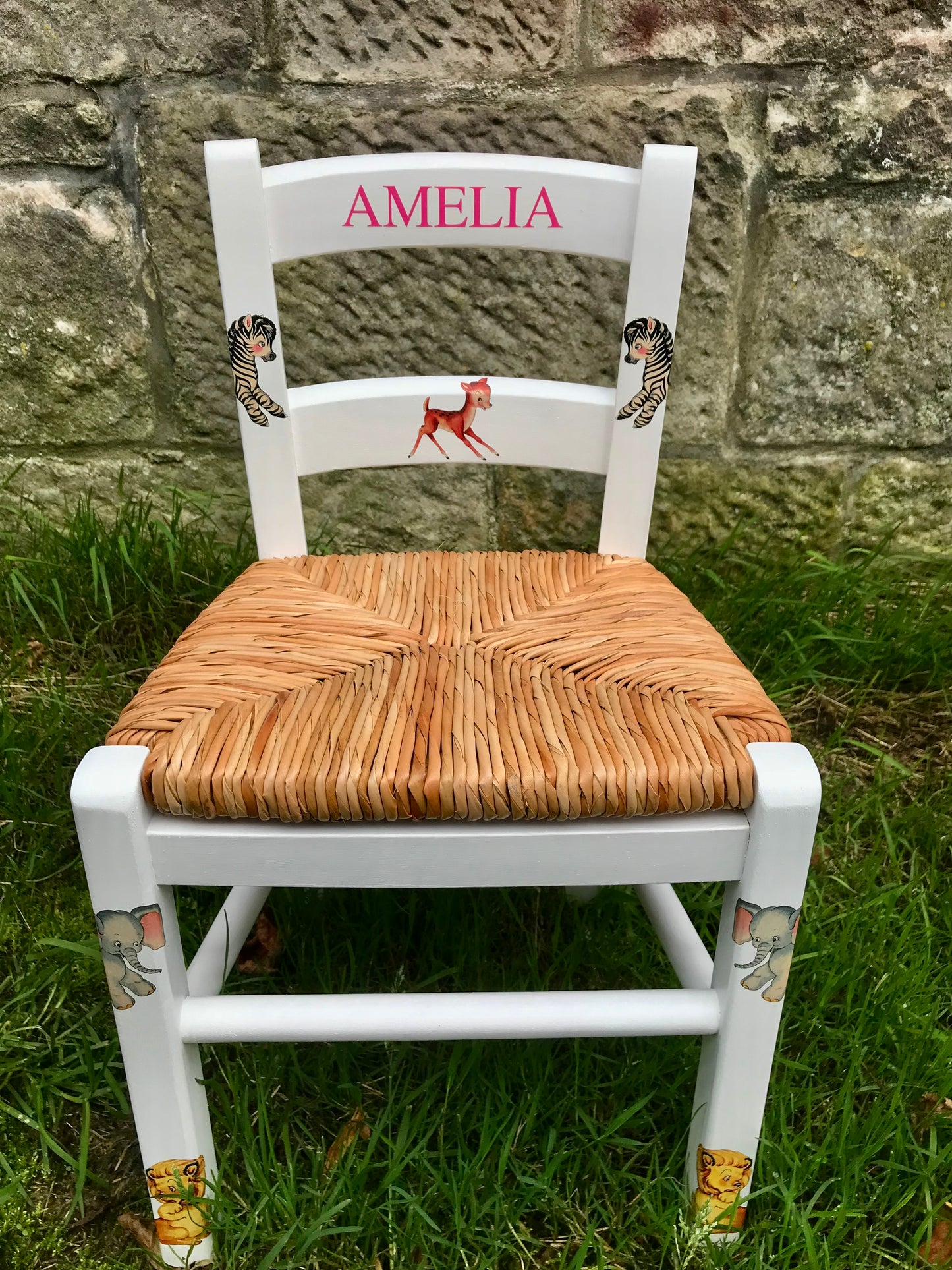 Rush seat personalised children's chair - cute retro animals theme - made to order