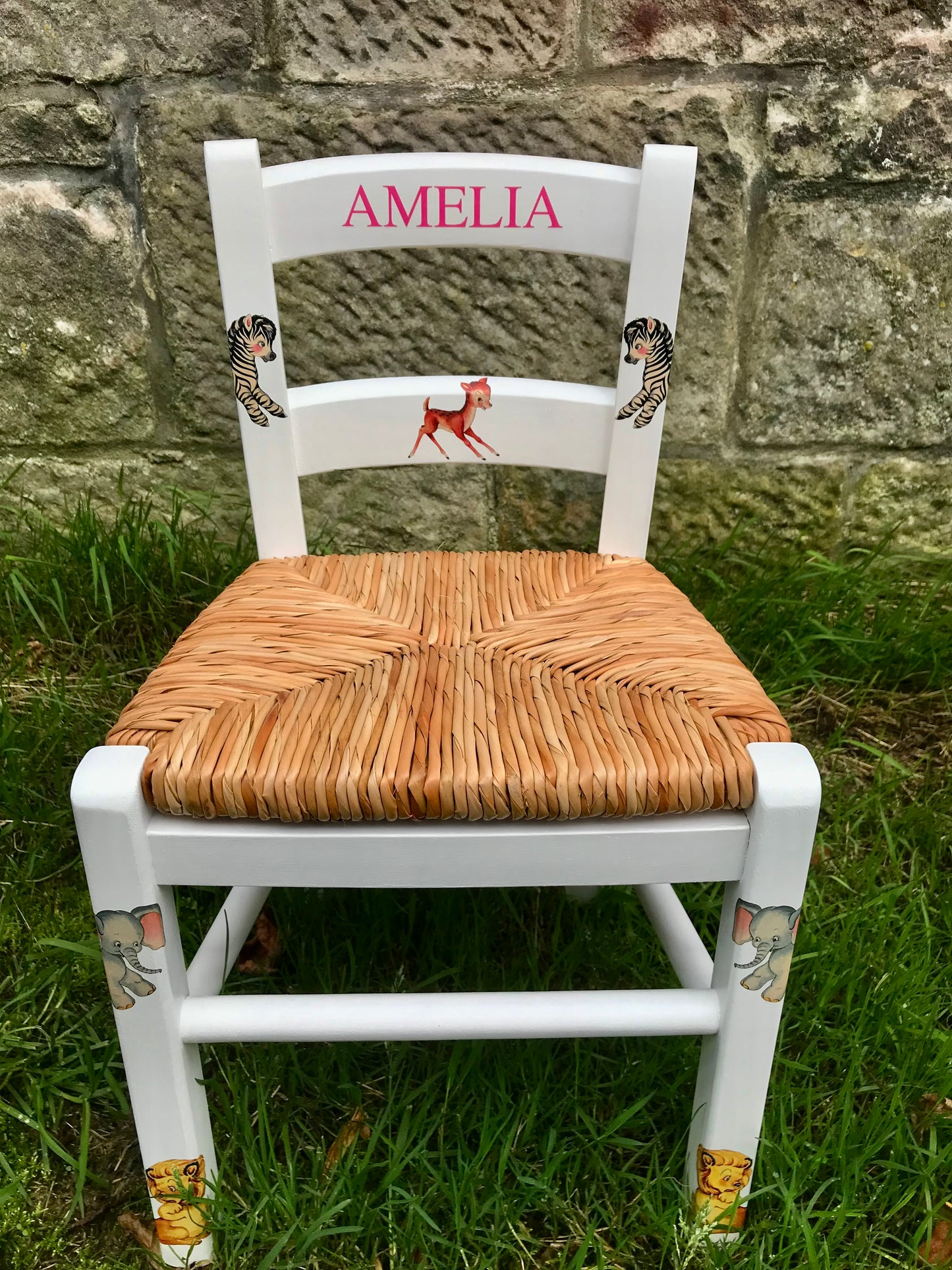 Rush seat personalised children's chair - cute  retro animals theme - made to order