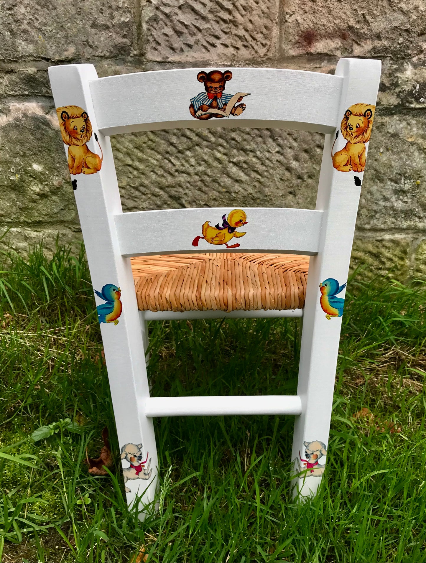Rush seat personalised children's chair - cute retro animals theme - made to order