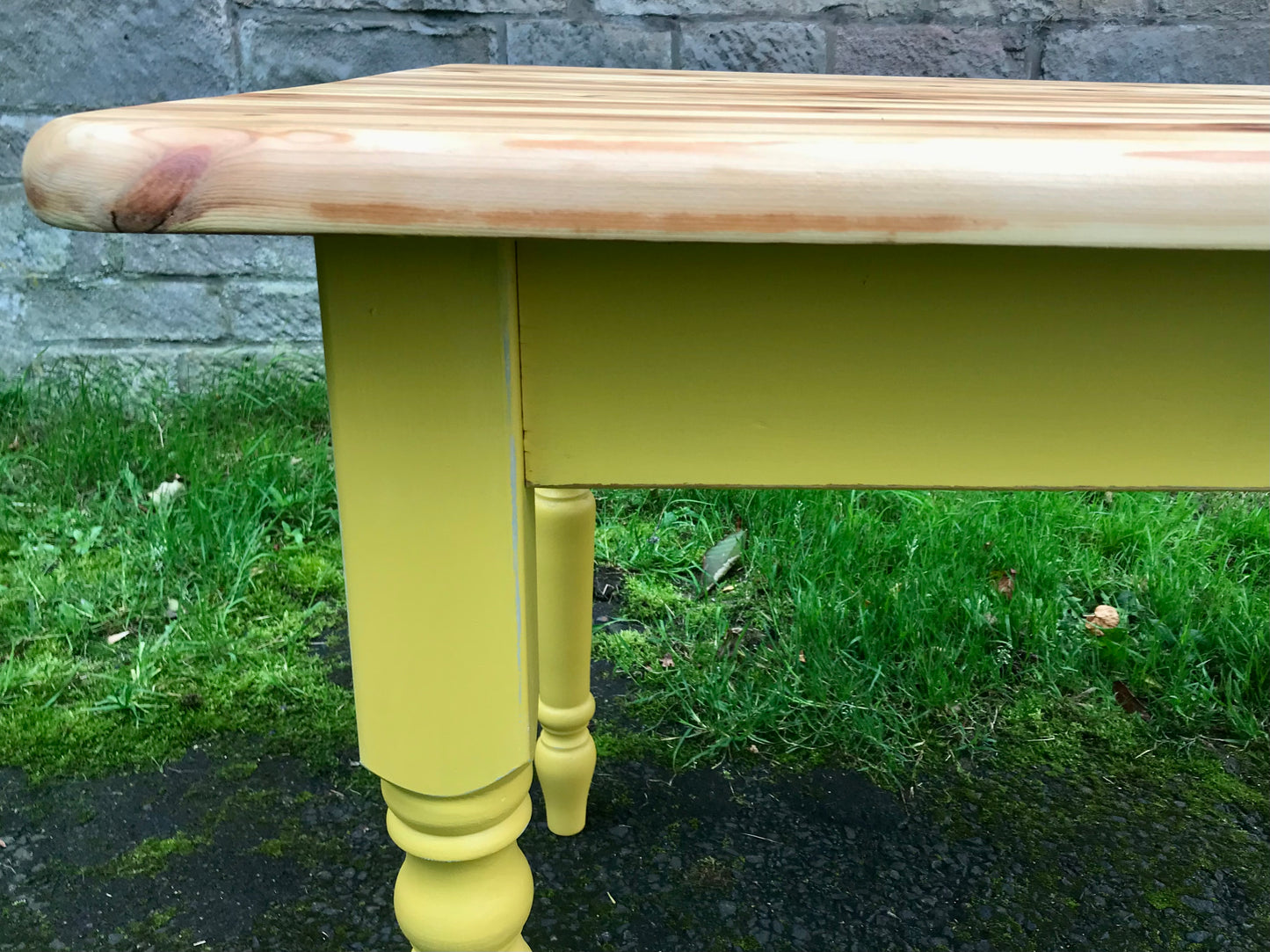 Pine dining table with drawer painted in yellow Miss Minton