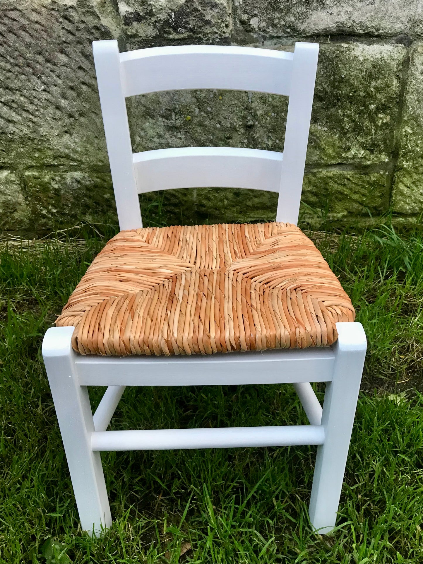 Plain wooden rush seat children's chair available raw to be painted by you or hand painted from the colour chart provided.