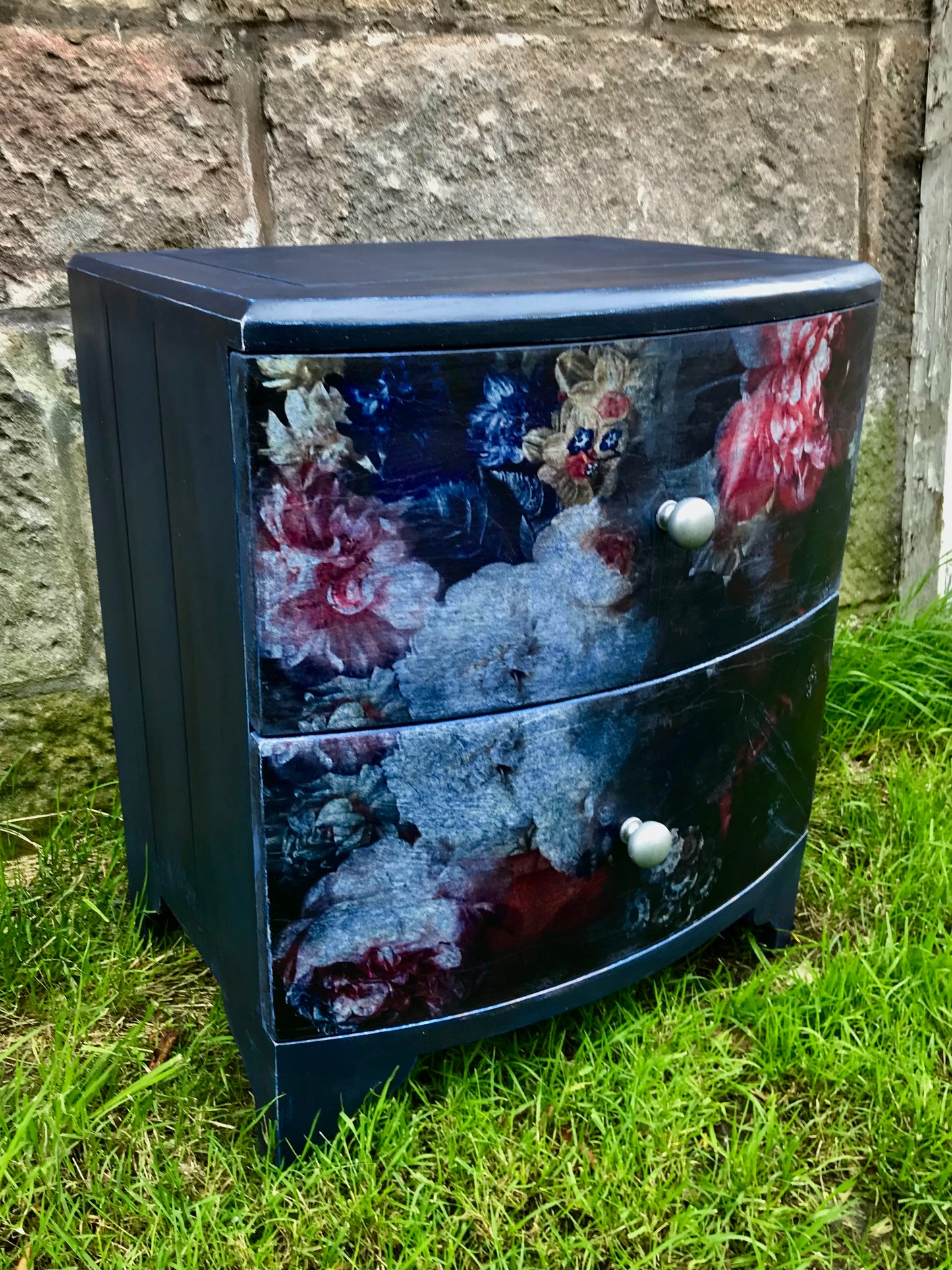 Bedside table painted in layers of Annie Sloan Chalk Paint with floral decoupage