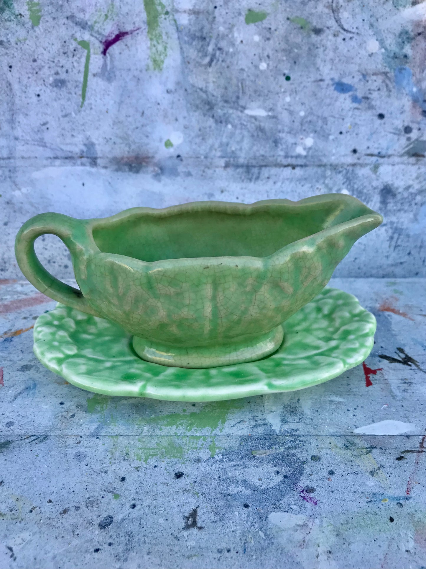 Vintage green cabbage leaf gravy / sauce boat