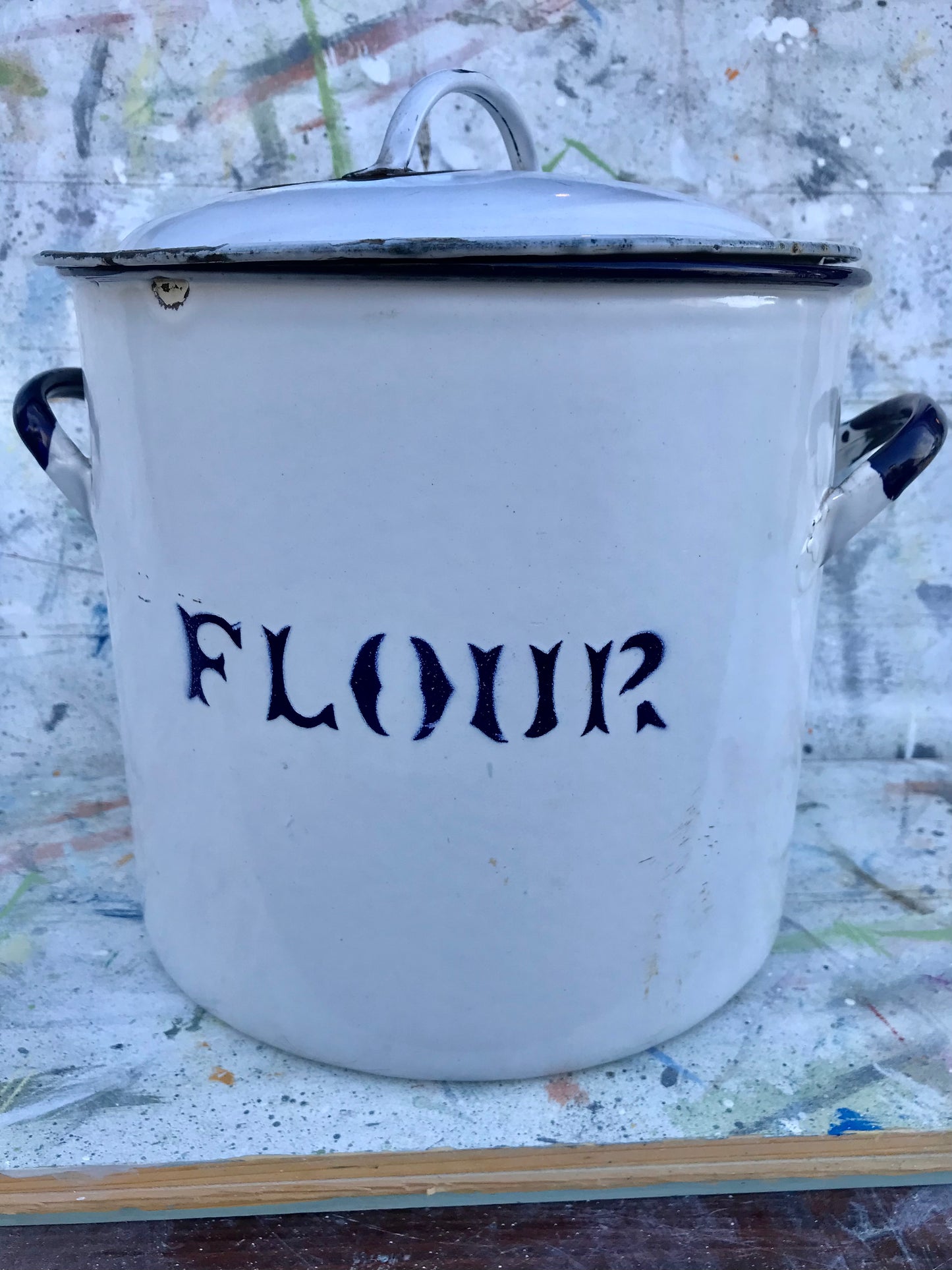 Lovely big vintage blue and white enamel flour canister