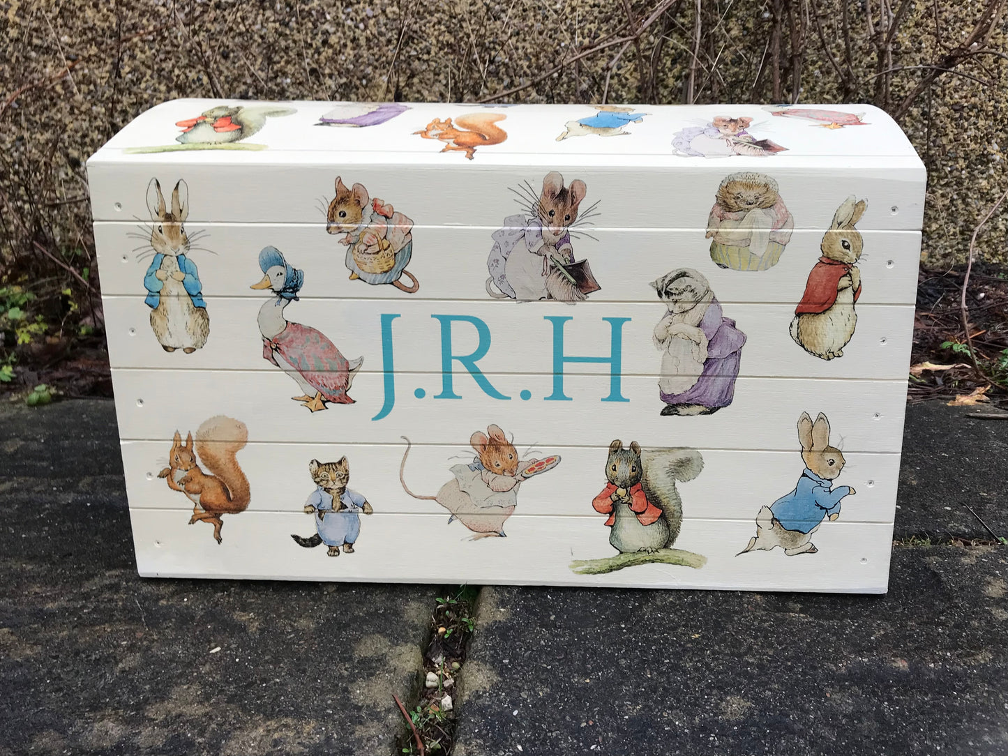 Children's personalised wooden storage chest / trunk with Beatrix Potter theme