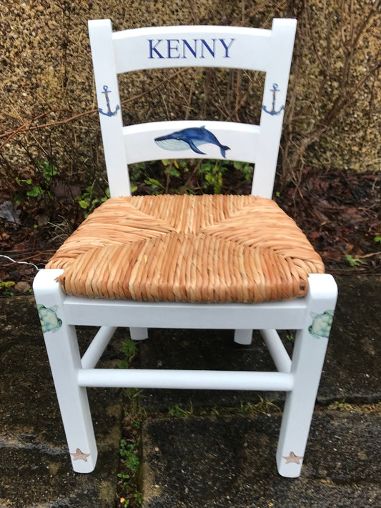 Rush seat personalised children's chair - Whale theme - made to order