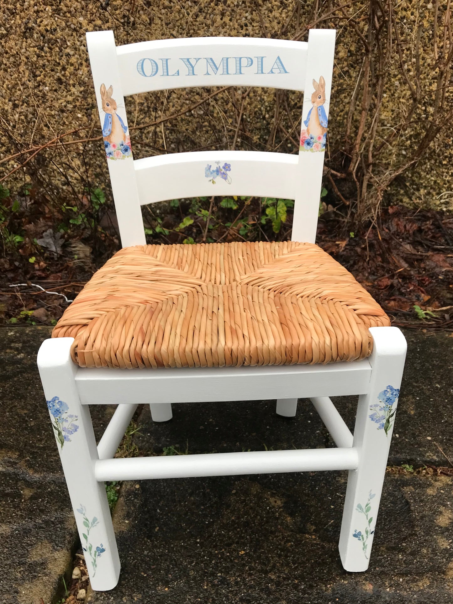 Rush seat personalised children's chair - Beatrix Potter Peter Rabbit flowers theme - made to order