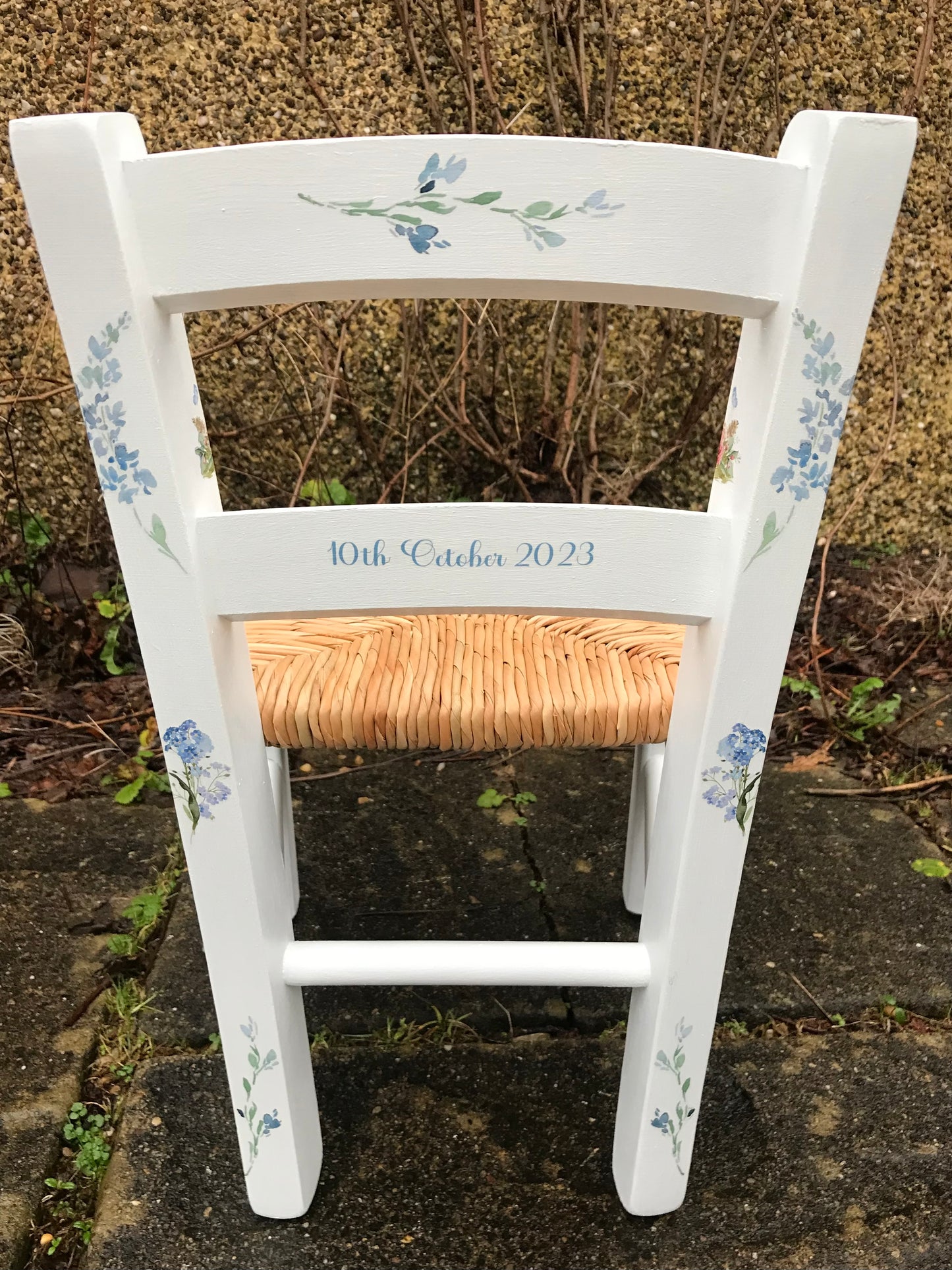 Rush seat personalised children's chair - Beatrix Potter Peter Rabbit flowers theme - made to order