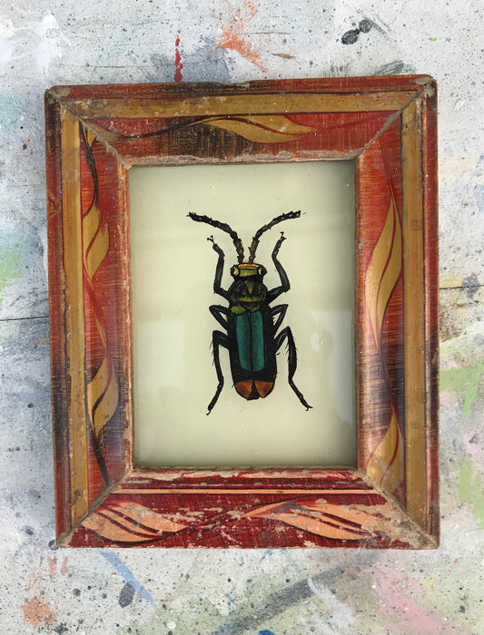 Small vintage glass painting of a beetle in a beautiful original frame