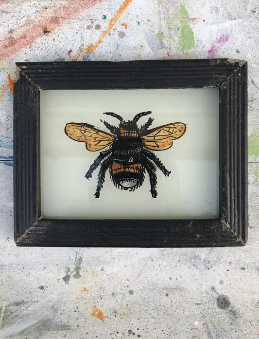 Small vintage glass painting of a bee in a beautiful original frame