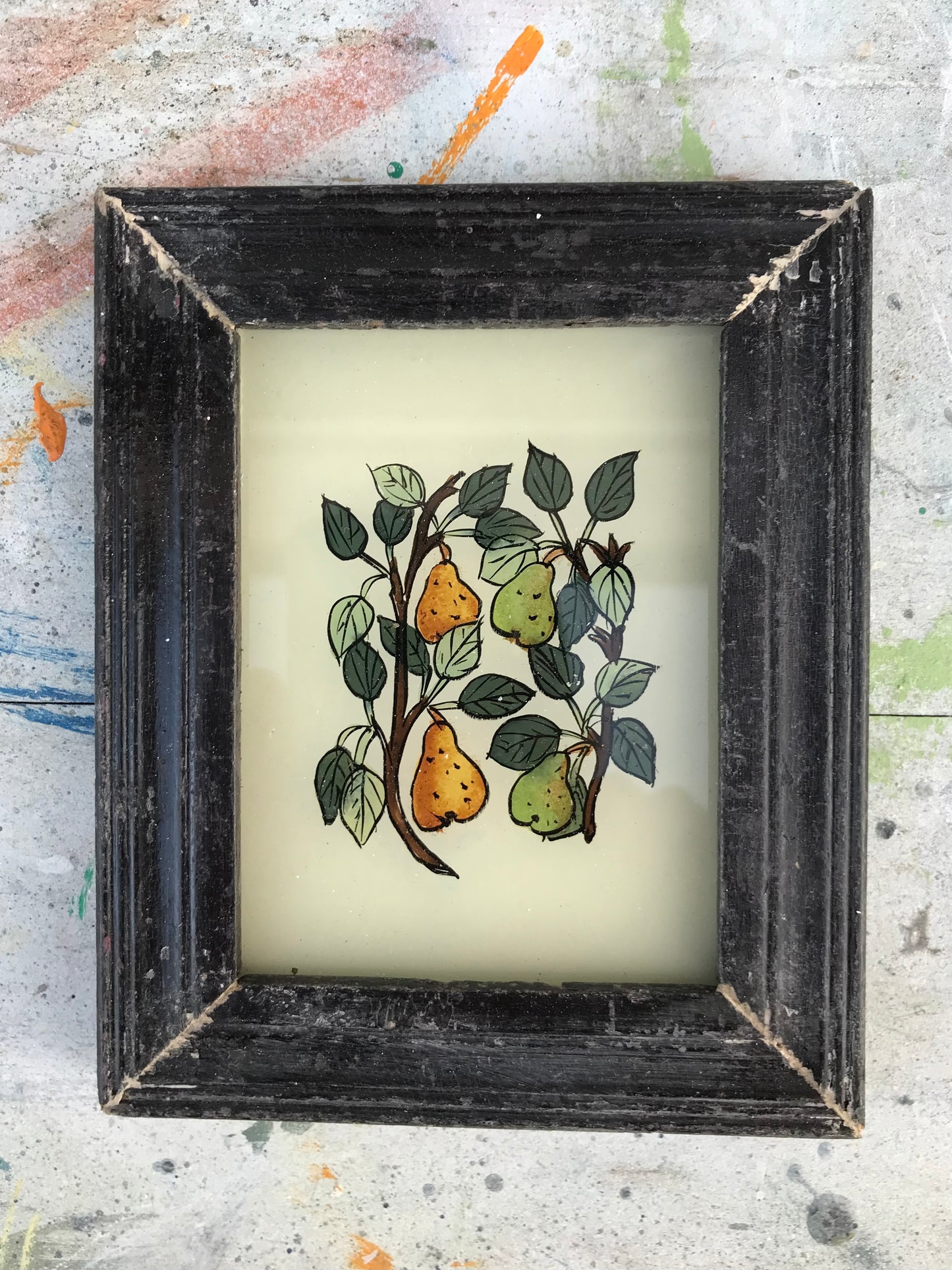 Small vintage glass painting of pears in a beautiful original frame